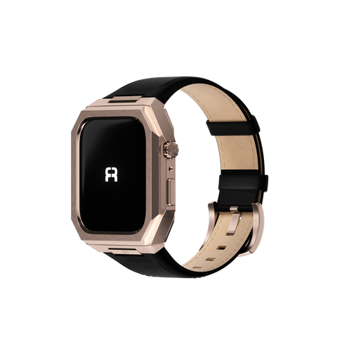 Reqior Apple Watch 45mm Metal Hülle mit integriertem Lederarmband (Roségold/Schwarz)