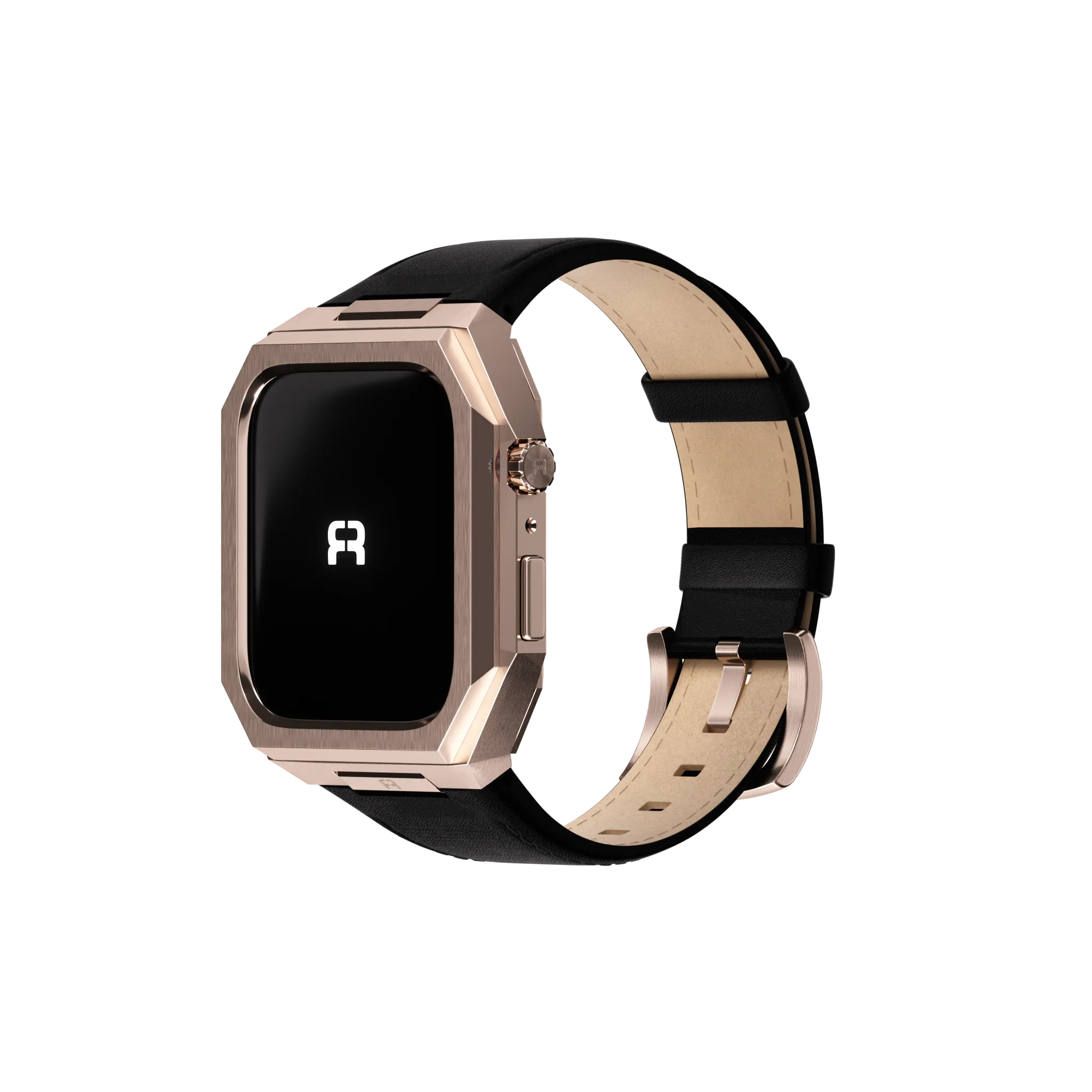 Reqior Apple Watch 45mm Metal Hülle mit integriertem Lederarmband (Roségold/Schwarz)